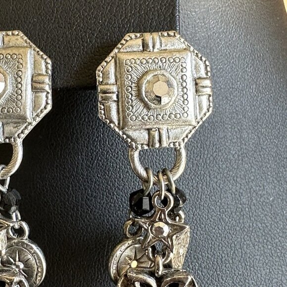 VTG Earrings Dangle Pierced 2" Rhinestones Hearts Stars Pewter Geometric Charm - Picture 3 of 7